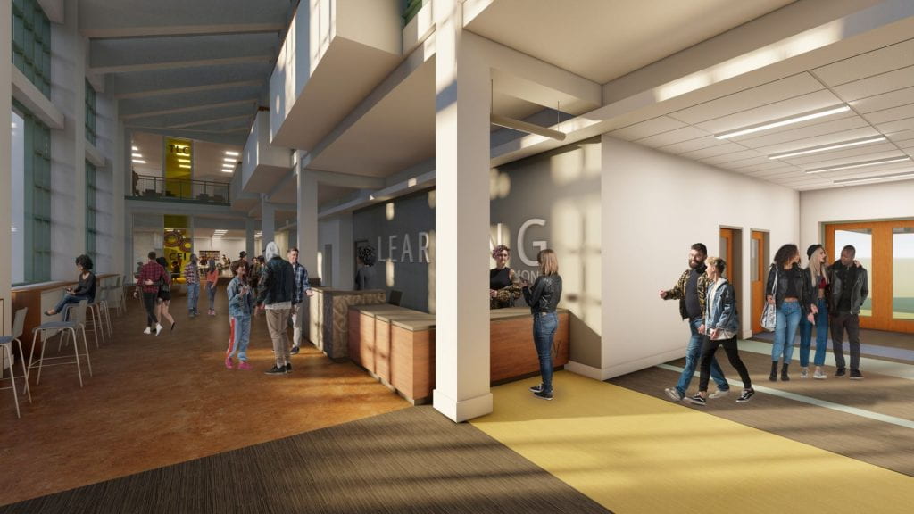 Rendering of Snoqualmie Building entrance, showing Welcome Desk, Tech Help/Makerspace service point, and Center for Equity and Inclusion and quantitative support of the Teaching and Learning Center: