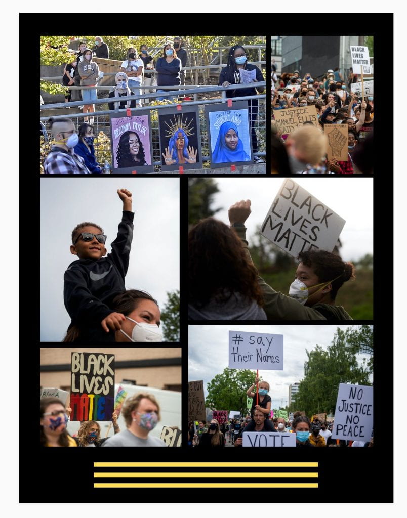 collage of images from BLM protests including a young boy with his fist raised, groups of people in masks holding signs, and murals of black women who have lost their lives to police violence. 