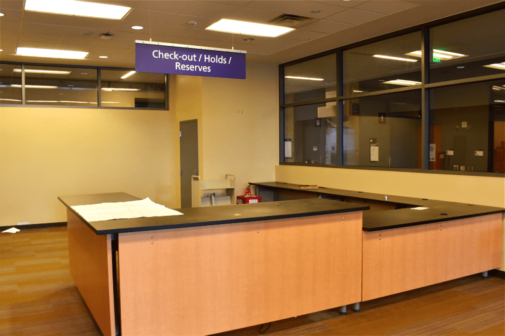 Photo of The Tioga Library Building service desk emptied