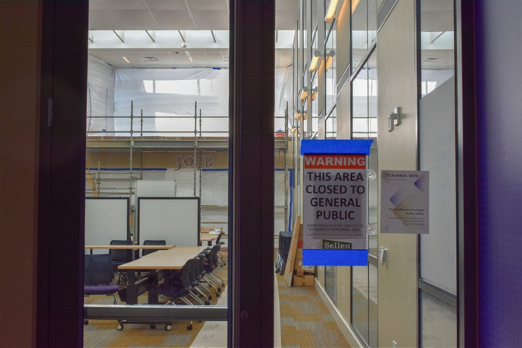 Tioga Library Building 3rd floor atrium closed for construction. Scaffolding has been installed temporarily.