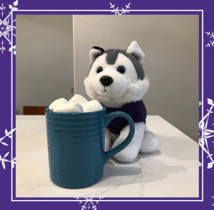 Stuffed husky next to a mug of hot cocoa with marshmallows.
