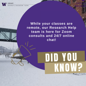 Did you know? While your classes are remote, our Research Help team is here for Zoom consults and 24/7 online chat.