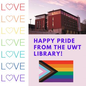LOVE on the left; Happy Pride from the UWT Library on the right. Inclusive rainbow pride flag and a photo of a modern building in the sunset.