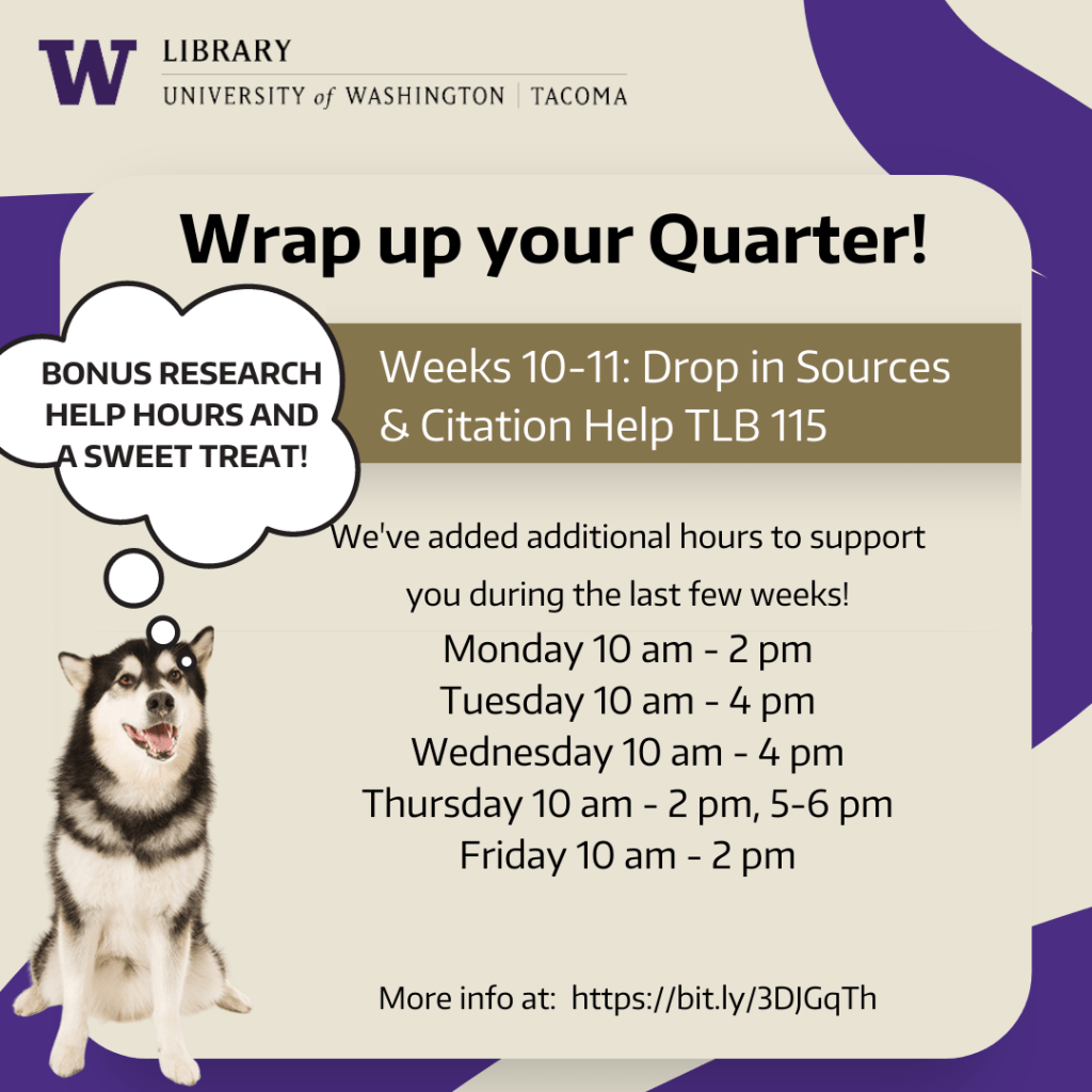 Image text repeated in blog post. Husky with a speech bubble proclaims "Bonus research help hours and a sweet treat!"