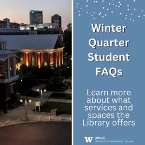 Picture of a brick building at night. Text reads: Winter Quarter Student FAQs. Learn more about what services and spaces the Library offers.