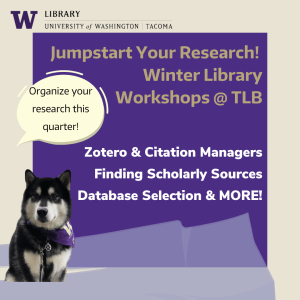 Text reads: Jumpstart your Research. Winter Library Workshops @ TLB. Zotero & Citation Managers, Finding Scholarly Sources, Database Selection & MORE. Image ofa Husky,