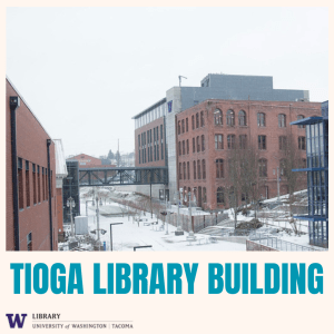 Snowy college campus with old industrial buildings and a modern skybridge. Text reads: Tioga Library Building