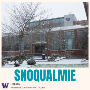 Snow building with a tree front left that has lost all of its leaves. Text reads Snoqualmie.