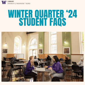 Winter Quarter 24 Student FAQ's; image shows studying students in a big open study hall