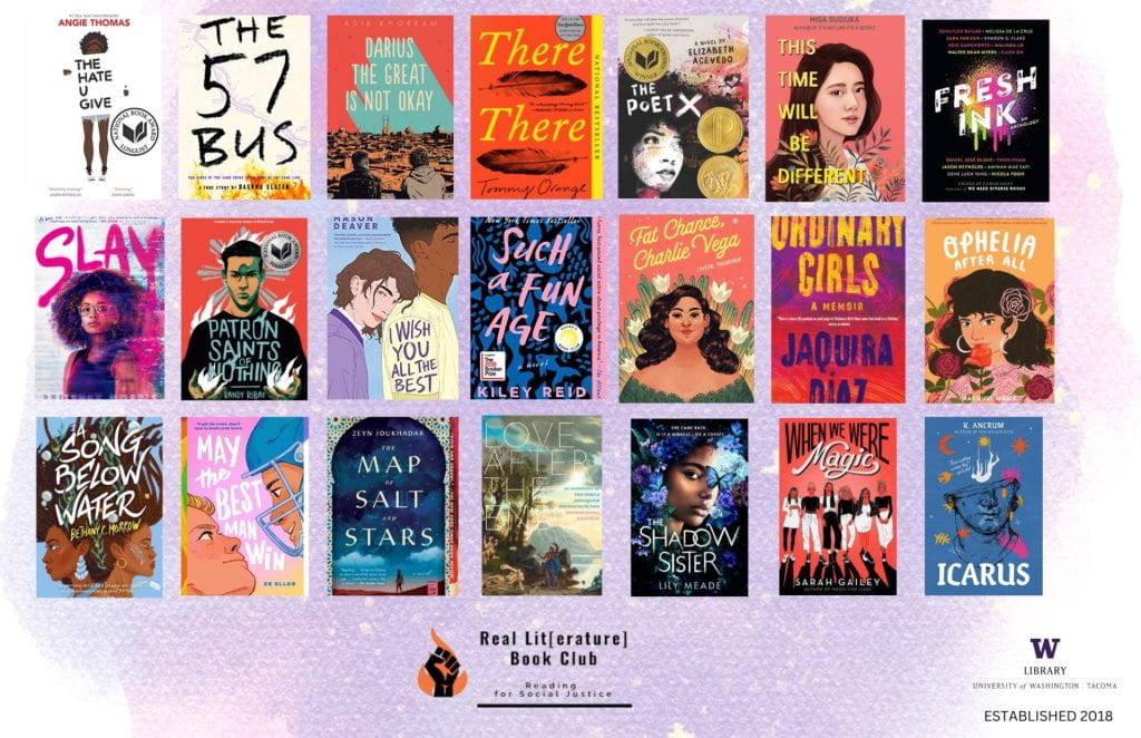 21 book covers. Text Reads Real Lit: Reading for Social Justice. Founded 2018.