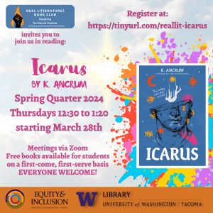 Fictional book titled Icarus by K. Ancrum is shown on the right-hand side of the promotional graphic; dates and information about book club meetings are listed on the left-hand side